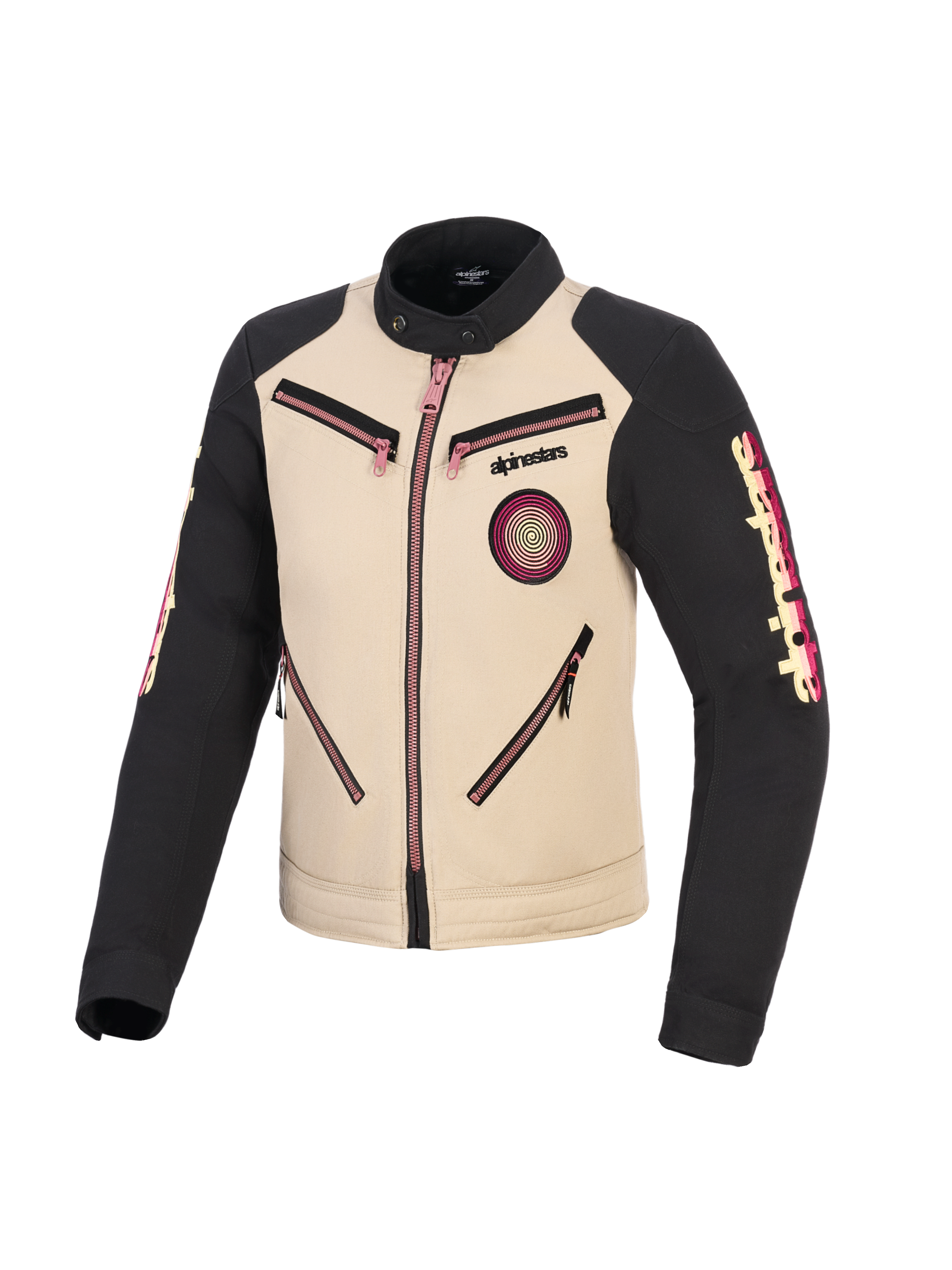 Alpinestars Stella Grace Jacke, Motorradjacke für Damen, Aluminium und Schwarz mit pinken Reißverschluss-Akzenten, Vorderansicht mit urbanem, von Workwear inspiriertem Design, Spiral-Oscar-Patch auf der Brust, Alpinestars-Branding auf den Ärmeln.