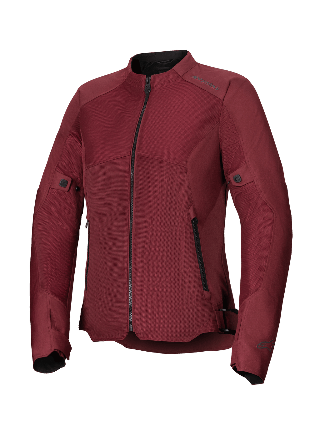 Alpinestars Woman Stella C-1 Air Jacket, Burgundy motorcycle jacket, featuring large tech mesh panels for airflow, central black zipper, zippered hand pockets, and adjustable waist and sleeve tabs, designed for urban riding