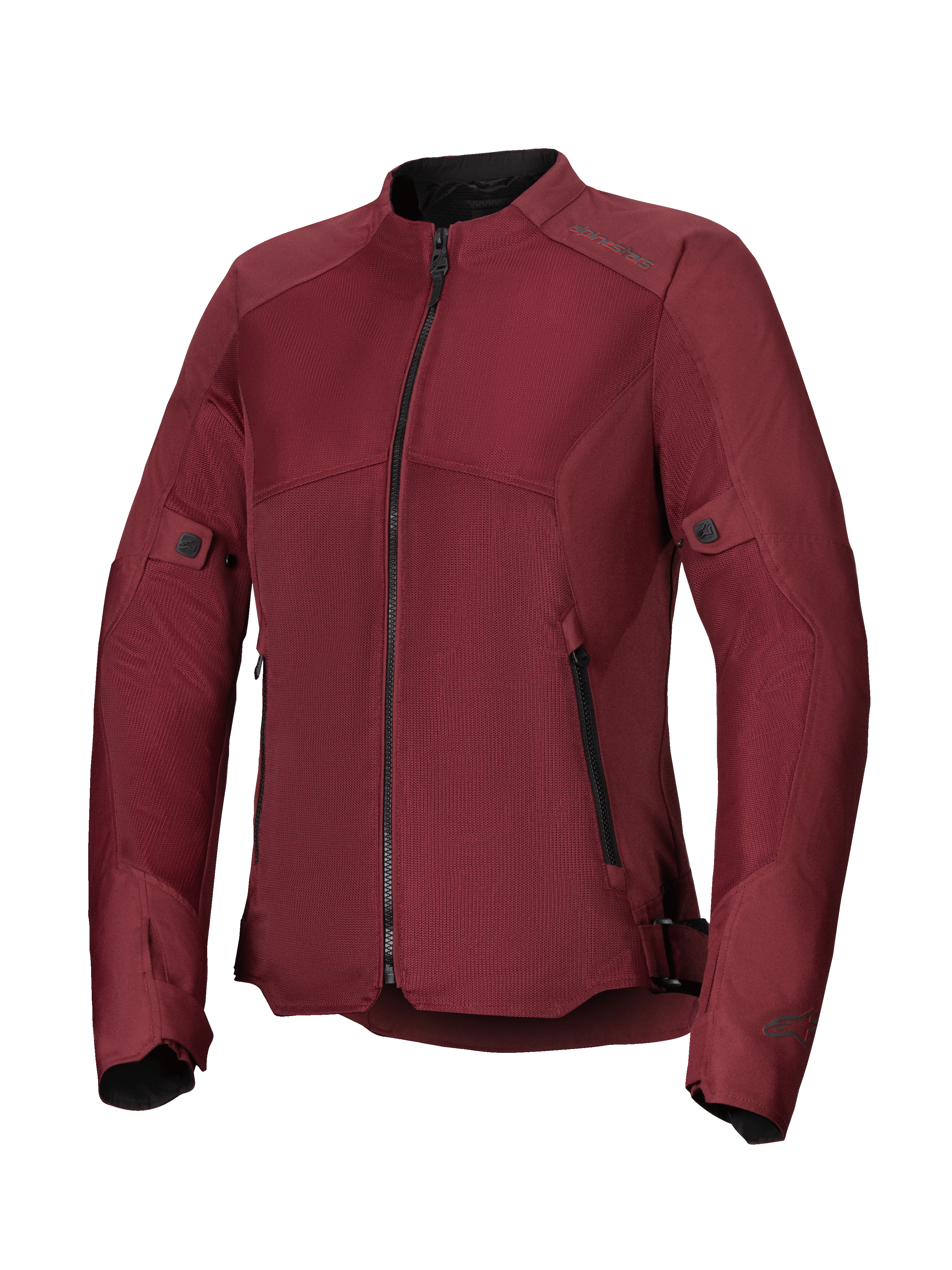 Alpinestars Woman Stella C-1 Air Jacket, Burgundy motorcycle jacket, featuring large tech mesh panels for airflow, central black zipper, zippered hand pockets, and adjustable waist and sleeve tabs, designed for urban riding