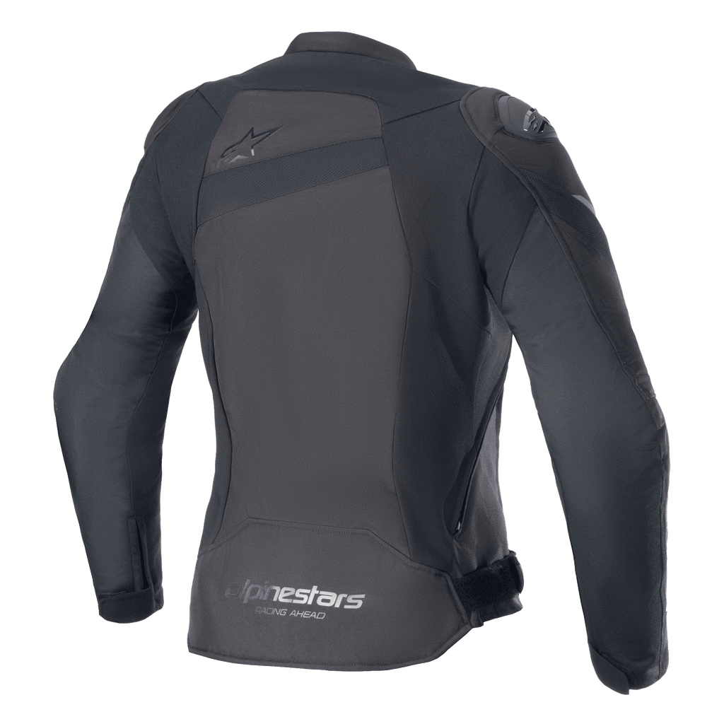 Alpinestars Stella T-GP Plus R V4 Jacke, Textil-Motorradjacke für Damen, Schwarz/Schwarz, Rückansicht mit einem tonalen Astar-Logo auf dem oberen Rücken und 'alpinestars RACING AHEAD' Branding am unteren Saum, schlanke Sport-Passform mit sichtbaren Schutzeinsätzen.
