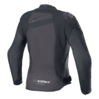 Alpinestars Stella T-GP Plus R V4 Jacke, Textil-Motorradjacke für Damen, Schwarz/Schwarz, Rückansicht mit einem tonalen Astar-Logo auf dem oberen Rücken und 'alpinestars RACING AHEAD' Branding am unteren Saum, schlanke Sport-Passform mit sichtbaren Schutzeinsätzen.