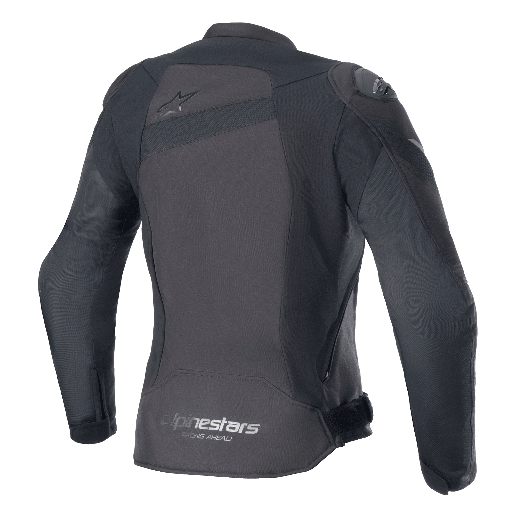 Alpinestars Stella T-GP Plus R V4 Jacke, Textil-Motorradjacke für Damen, Schwarz/Schwarz, Rückansicht mit einem tonalen Astar-Logo auf dem oberen Rücken und 'alpinestars RACING AHEAD' Branding am unteren Saum, schlanke Sport-Passform mit sichtbaren Schutzeinsätzen.