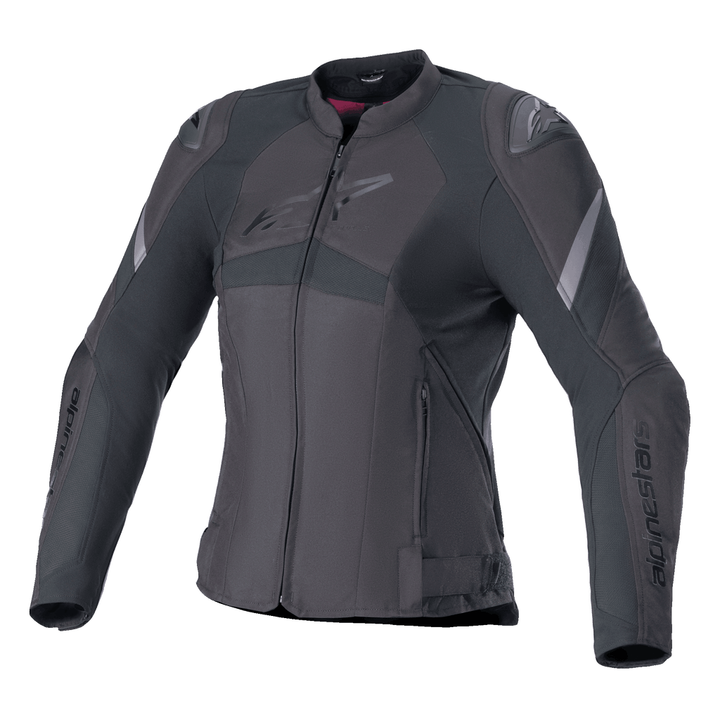 Alpinestars Stella T-GP Plus R V4 Jacke, Damen-Motorradjacke aus Textil, Schwarz, mit sportlicher Passform, Frontreißverschluss, externen Schulterprotektoren und dezenten Logo-Details auf der Brust und den Ärmeln.