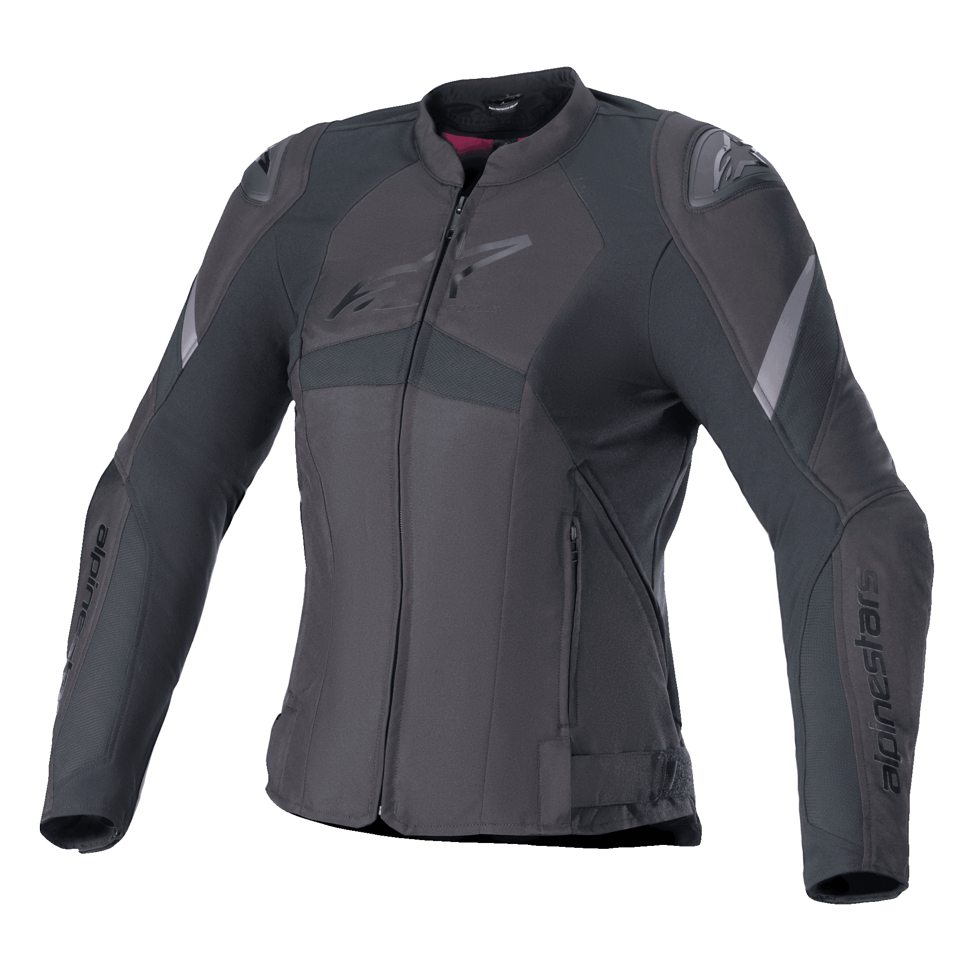 Alpinestars Stella T-GP Plus R V4 Jacke, Damen-Motorradjacke aus Textil, Schwarz, mit sportlicher Passform, Frontreißverschluss, externen Schulterprotektoren und dezenten Logo-Details auf der Brust und den Ärmeln.