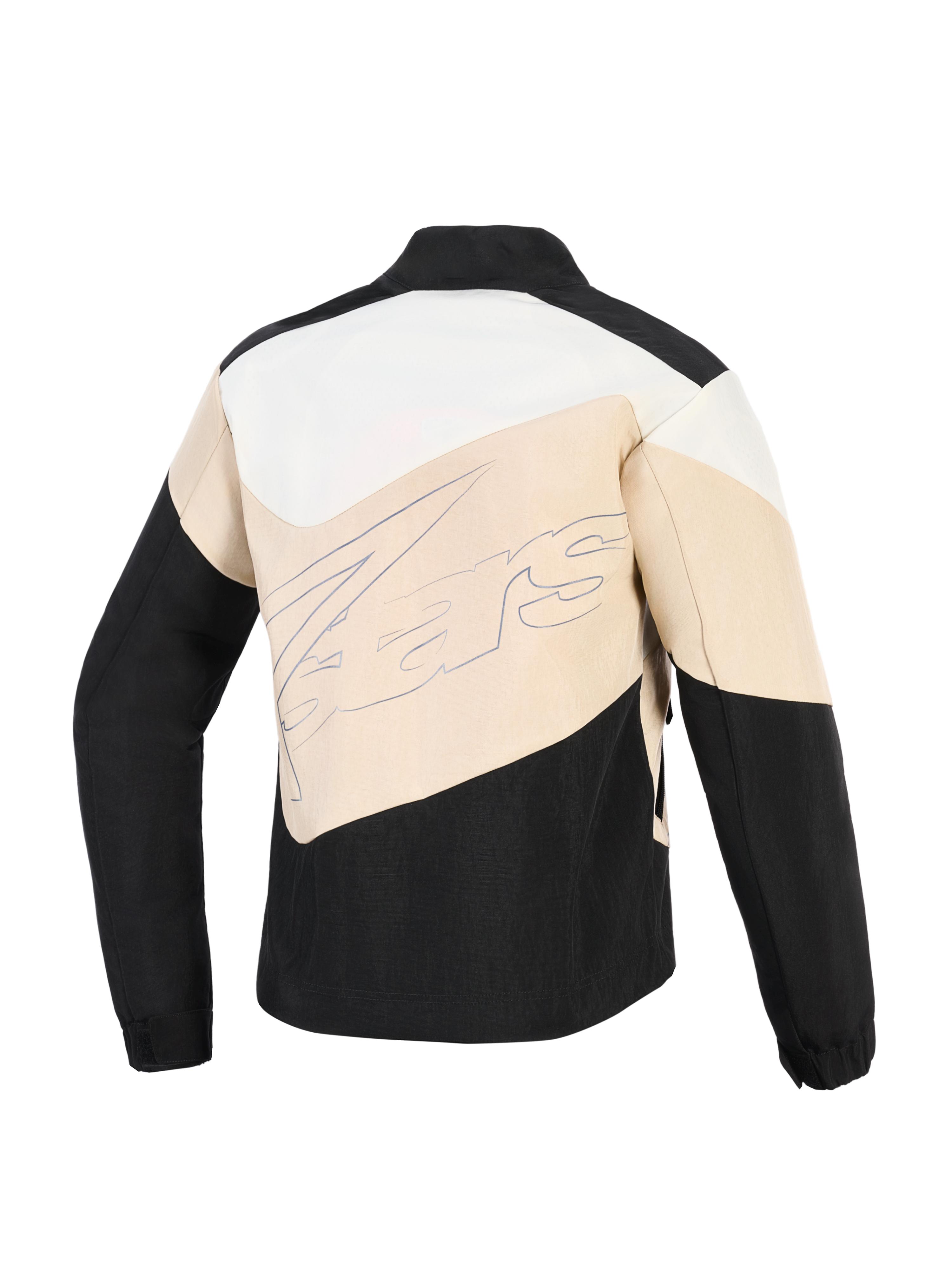 Alpinestars Stella Moshell Jacket, Women's Urban Motorcycle Jacket, Black Sand and Off White, back view featuring asymmetrical color-blocked panels and a large script brand logo across the center.