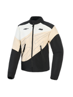 Alpinestars Stella Moshell Jacket, Women's Urban Motorcycle Jacket, Black Sand and Off White, asymmetrical color-block design with blue line graphics, front zip closure and dual chest logos, streetwear-inspired protective riding gear