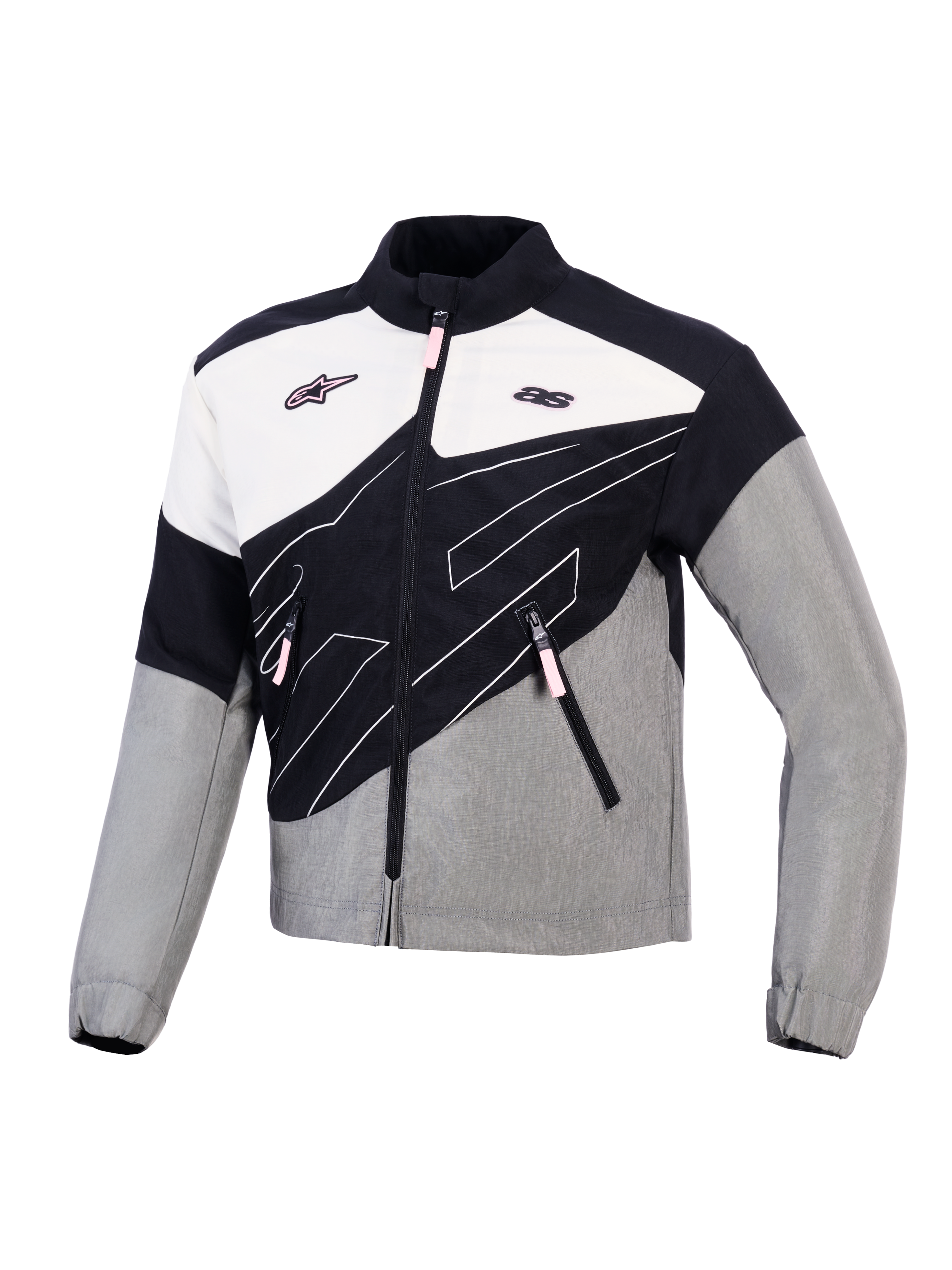 Alpinestars Stella Moshell Women's Urban Motorcycle Jacket in gray, black, and white with pink accents, windproof textile.