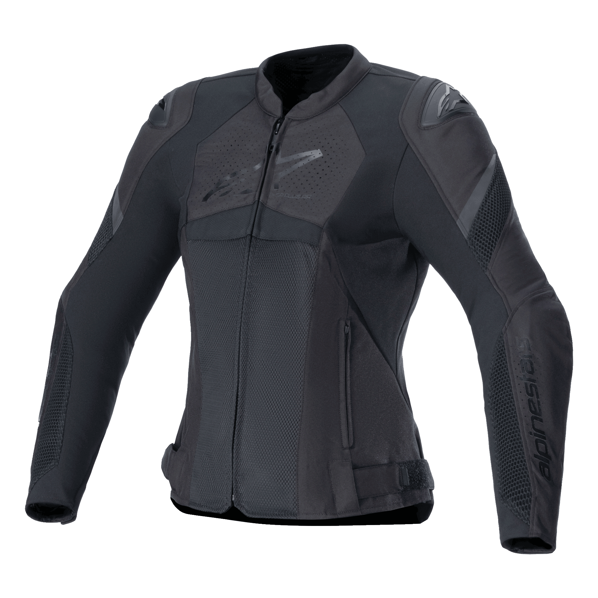 Alpinestars Stella T-GP Plus R V4 Airflow Jacket, Women's Sport Motorcycle Jacket, Black, featuring large mesh ventilation panels, perforated chest sections with Alpinestars logo, DFS Lite shoulder protectors, and a pre-curved anatomical fit for summer riding.