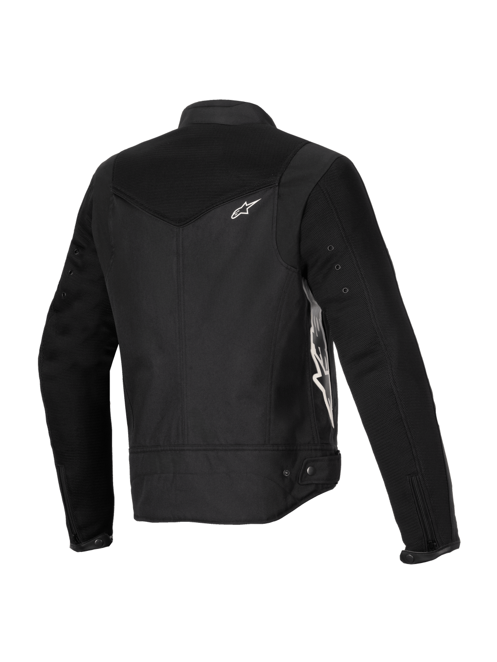 Alpinestars Stella T-Dyno Air Jacke, Damen-Motorradjacke, Schwarz, Dreiviertel-Rückansicht mit erweiterten 3D-Mesh-Einsätzen an Passe und Ärmeln, weißem Alpinestars-Logo und maßgeschneiderter Textilkonstruktion für Sommerfahrten