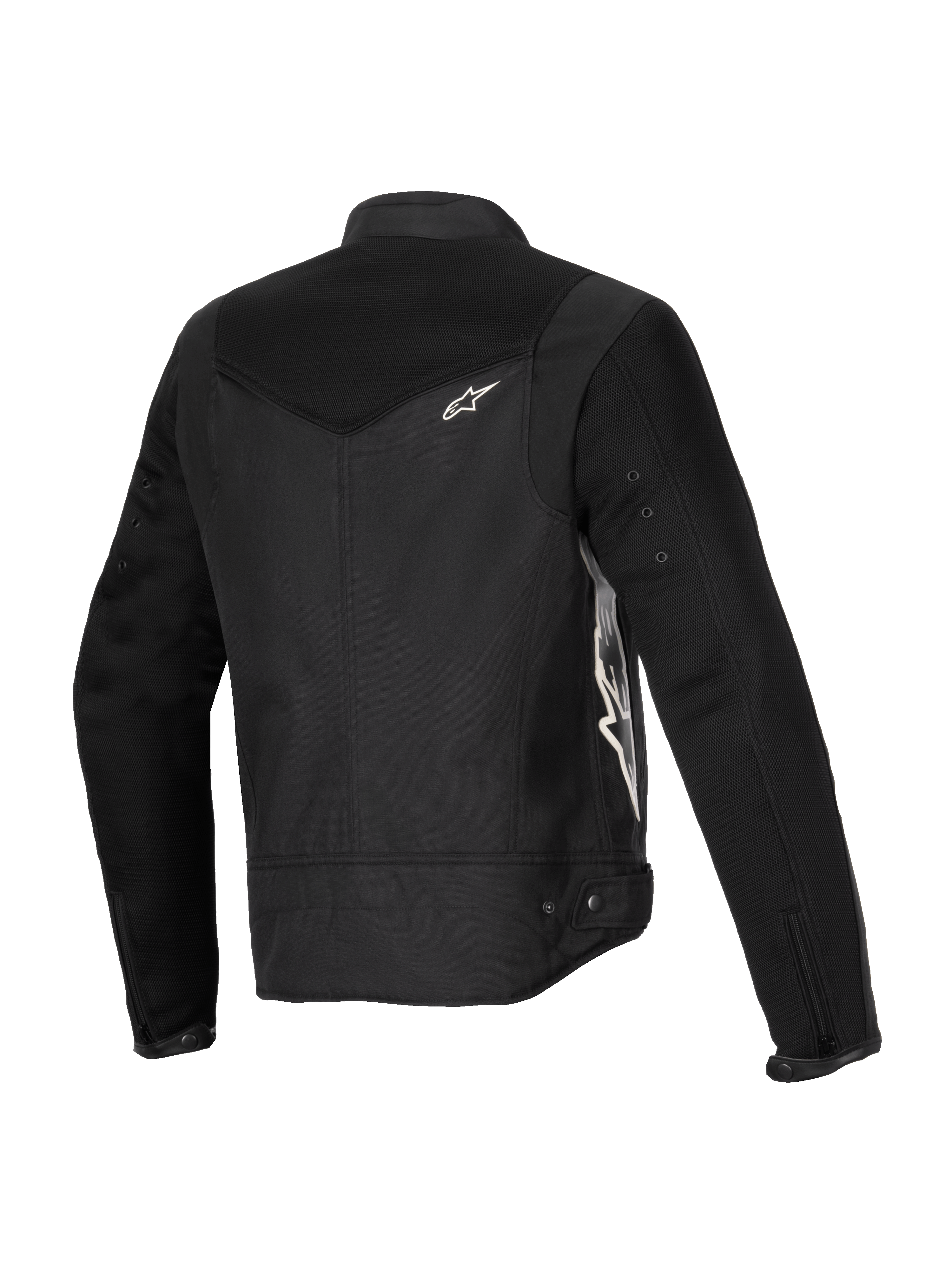 Alpinestars Stella T-Dyno Air Jacke, Damen-Motorradjacke, Schwarz, Dreiviertel-Rückansicht mit erweiterten 3D-Mesh-Einsätzen an Passe und Ärmeln, weißem Alpinestars-Logo und maßgeschneiderter Textilkonstruktion für Sommerfahrten