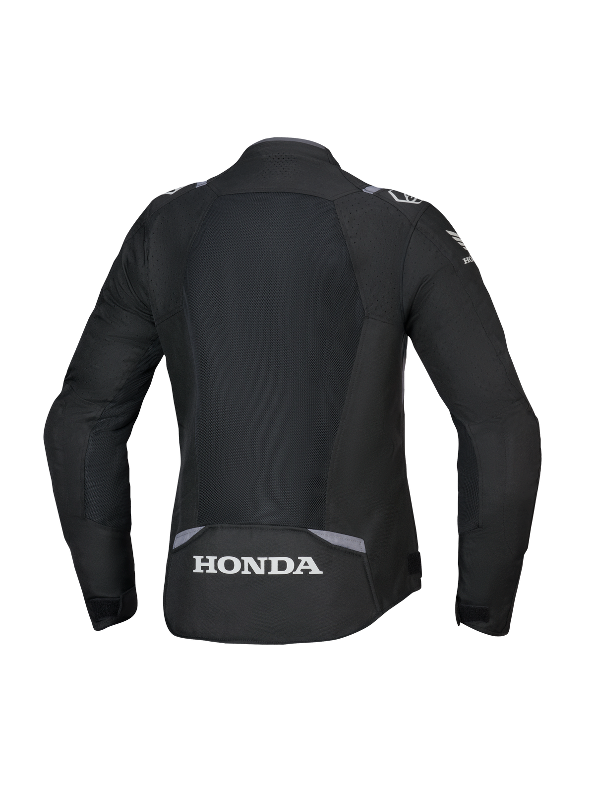 Alpinestars Honda Stella T-SPS Air V2 Damenjacke, Rückansicht, Schwarz mit dunkelgrauen und eisgrauen Akzenten, großer Tech-Mesh-Rückeneinsatz, weißes Honda-Logo am unteren Rücken, leistungsorientierte frauenspezifische Passform
