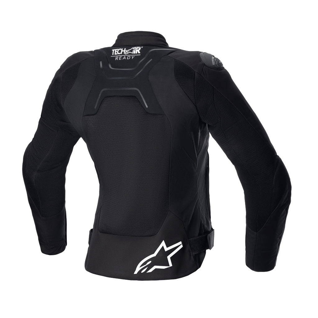 Alpinestars Women Stella SMX Air Jacket, Rear View, Black, featuring mesh back panels for airflow, Tech-Air Ready branding on upper back, white Alpinestars star logo on lower back, waist adjustment straps, street sport textile motorcycle jacket