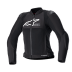 Alpinestars Women Stella SMX Air Jacket, Black textile and mesh motorcycle jacket, white logo on chest, front zipper, high collar, external shoulder sliders, breathable mesh construction, sporty design for summer riding