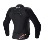 Alpinestars Stella SMX Air Damenjacke, Rückansicht, Schwarz mit Mesh-Einsätzen, mit „Tech-Air Ready“-Logo oben am Rücken und Stern-Logo mit Farbverlauf von Pink zu Orange unten, schützende Straßensport-Motorradjacke