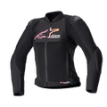 Alpinestars Stella SMX Air Damen-Motorradjacke, Schwarz mit pink-gelbem Farbverlauf-Logo, Vorderansicht mit Mesh-Belüftungseinsätzen, DFS Lite Schulterprotektoren und sportlich-ergonomischem Design