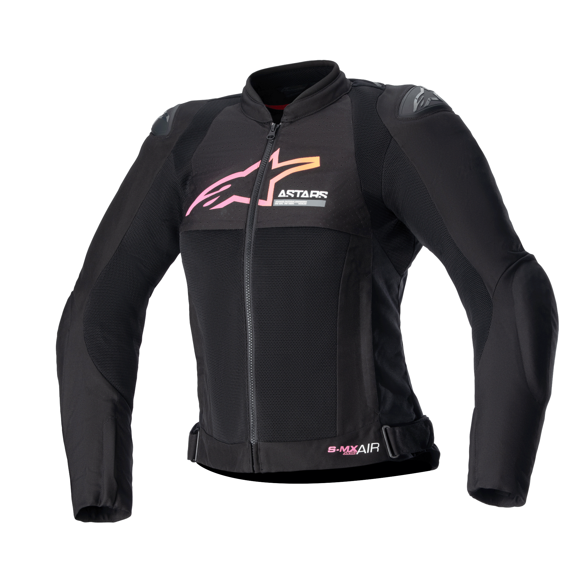 Alpinestars Stella SMX Air Damen-Motorradjacke, Schwarz mit pink-gelbem Farbverlauf-Logo, Vorderansicht mit Mesh-Belüftungseinsätzen, DFS Lite Schulterprotektoren und sportlich-ergonomischem Design