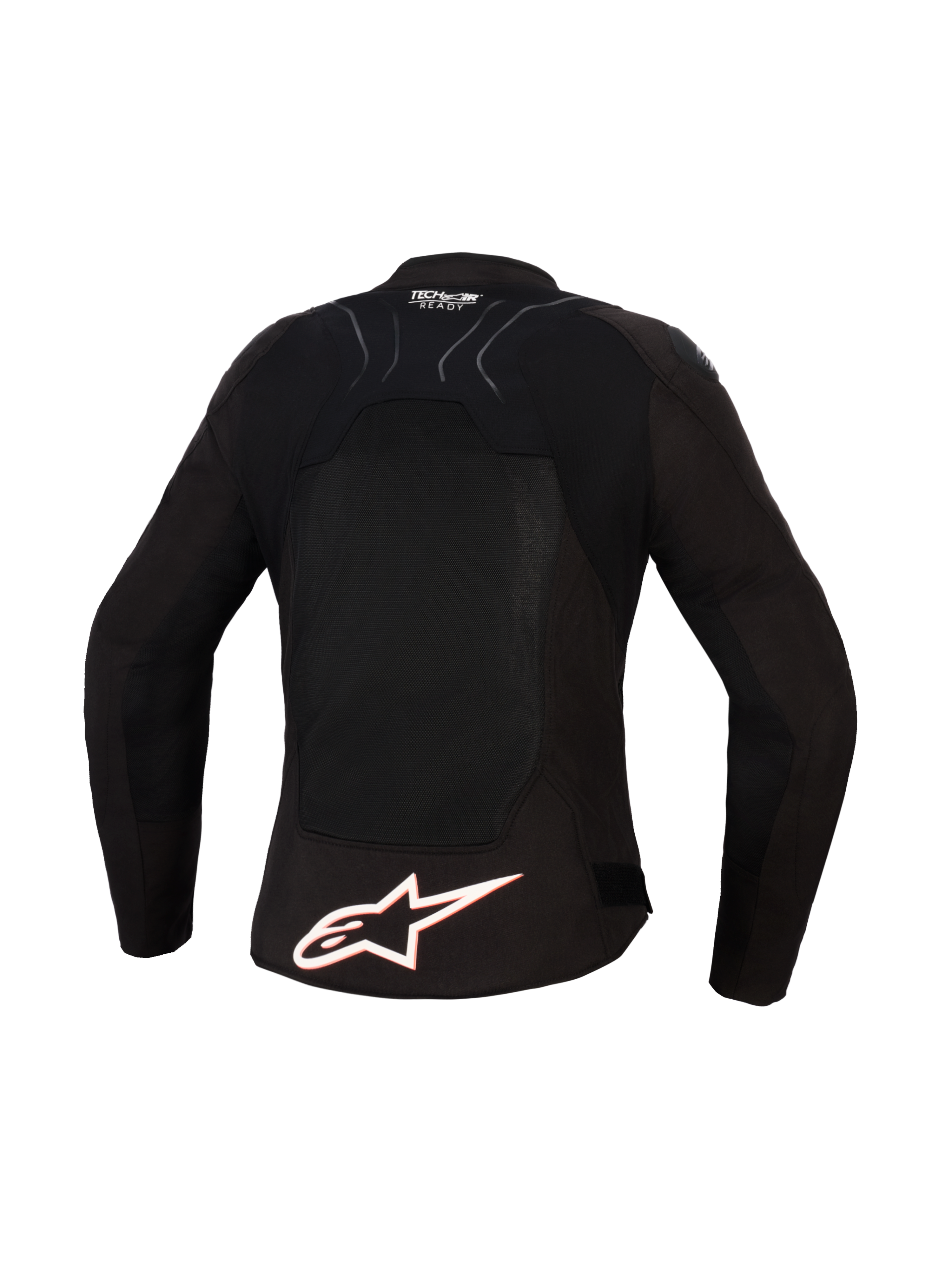 Alpinestars Woman Stella SMX Air Jacket, Back View, Black with White and Red Fluo accents, featuring a large white Alpinestars logo on the lower back, high-flow mesh panels for ventilation, and Tech-Air Ready branding on the upper back.