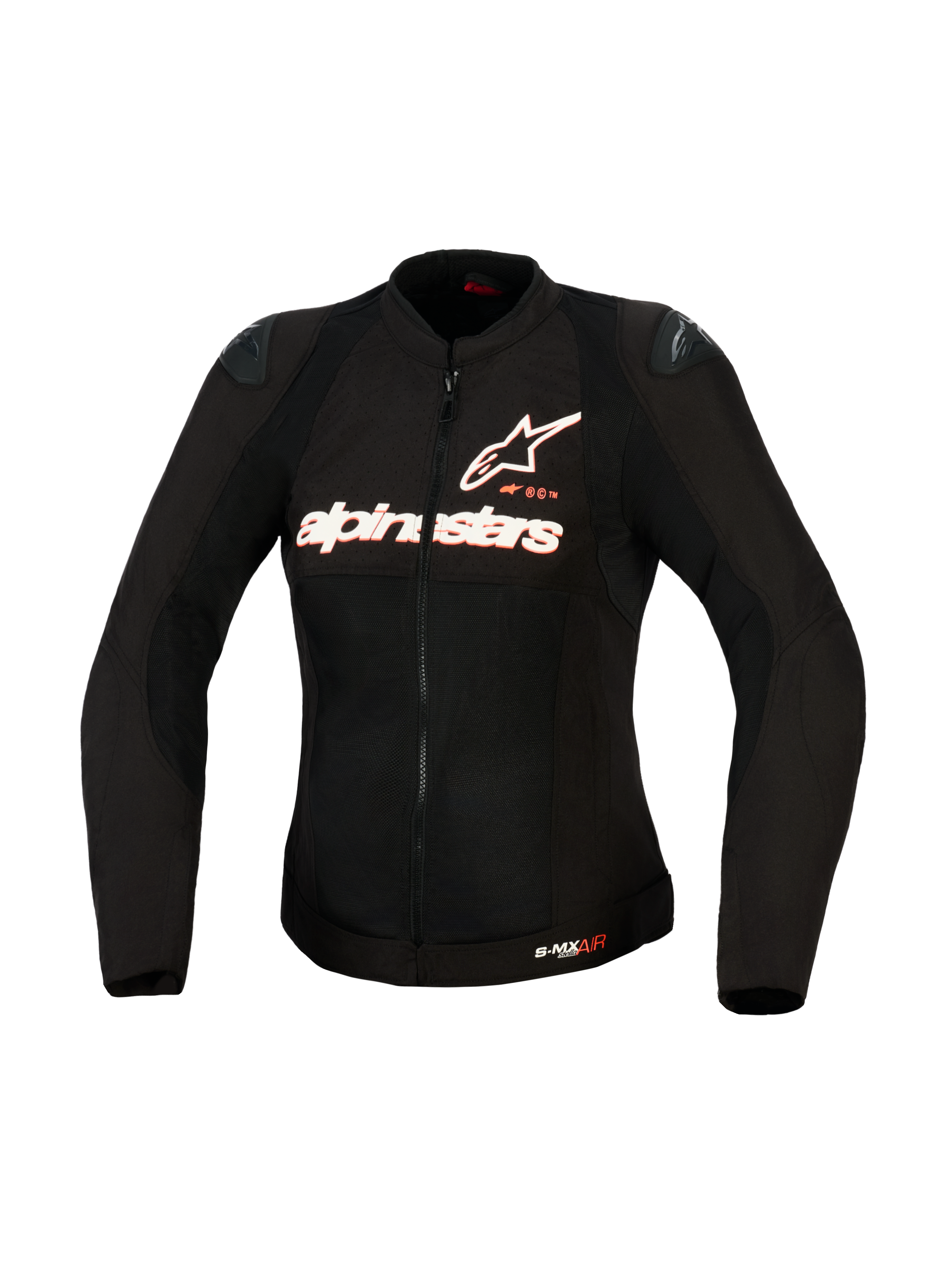 Alpinestars Woman Stella SMX Air Jacket, Textile Motorcycle Jacket, Black with White and Red Fluo branding, front view showing high-flow mesh construction, Alpinestars chest logo, and DFS Lite shoulder sliders, tailored for female riders.