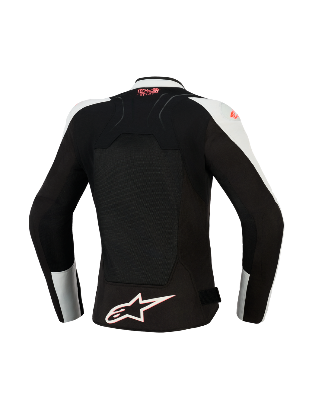 Alpinestars Stella SMX Air Damenjacke, Rückansicht, Ice Gray und Schwarz mit Akzenten in Coral Fluo, großes belüftetes Mesh-Rückenpanel, Tech-Air Ready-Branding am oberen Rücken, weißes Alpinestars Stern-Logo am Saum