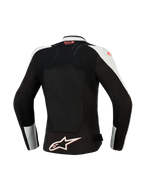 Alpinestars Stella SMX Air Damenjacke, Rückansicht, Ice Gray und Schwarz mit Akzenten in Coral Fluo, großes belüftetes Mesh-Rückenpanel, Tech-Air Ready-Branding am oberen Rücken, weißes Alpinestars Stern-Logo am Saum