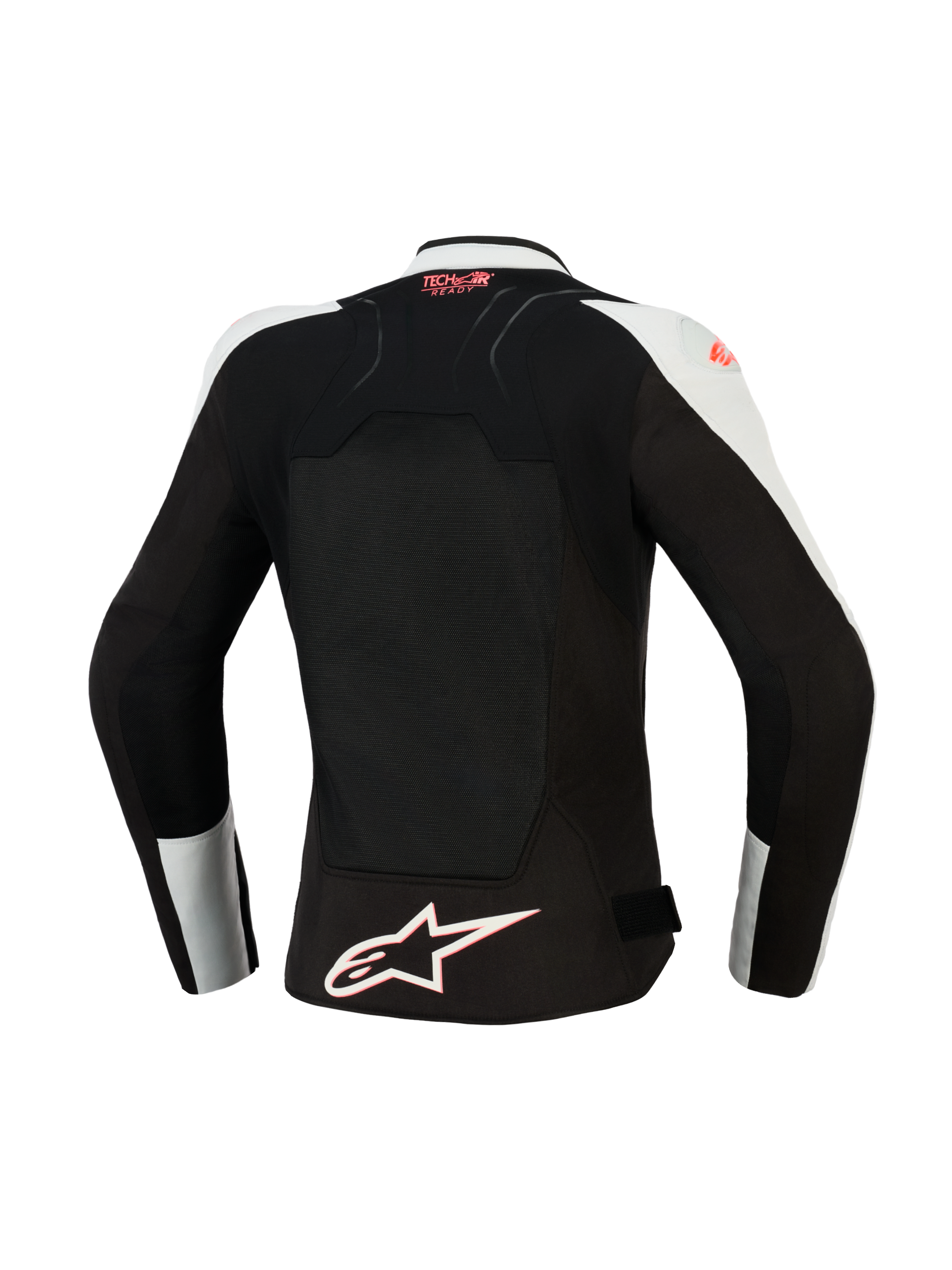 Alpinestars Stella SMX Air Damenjacke, Rückansicht, Ice Gray und Schwarz mit Akzenten in Coral Fluo, großes belüftetes Mesh-Rückenpanel, Tech-Air Ready-Branding am oberen Rücken, weißes Alpinestars Stern-Logo am Saum