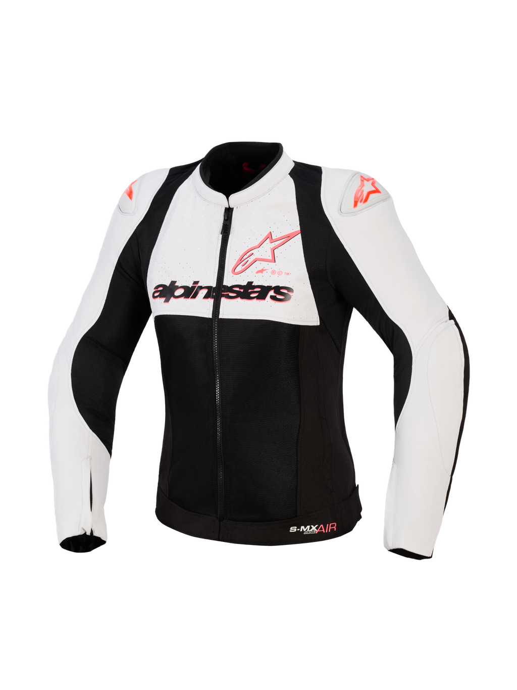 Alpinestars Stella SMX Air Jacke, Damen-Motorradjacke, Ice Gray, Schwarz und Coral Fluo, Vorderansicht mit perforierten Textil- und Mesh-Einsätzen, korallenfarbenes Alpinestars-Logo auf der Brust und Schulter-Slidern
