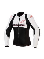 Alpinestars Stella SMX Air Jacke, Damen-Motorradjacke, Ice Gray, Schwarz und Coral Fluo, Vorderansicht mit perforierten Textil- und Mesh-Einsätzen, korallenfarbenes Alpinestars-Logo auf der Brust und Schulter-Slidern