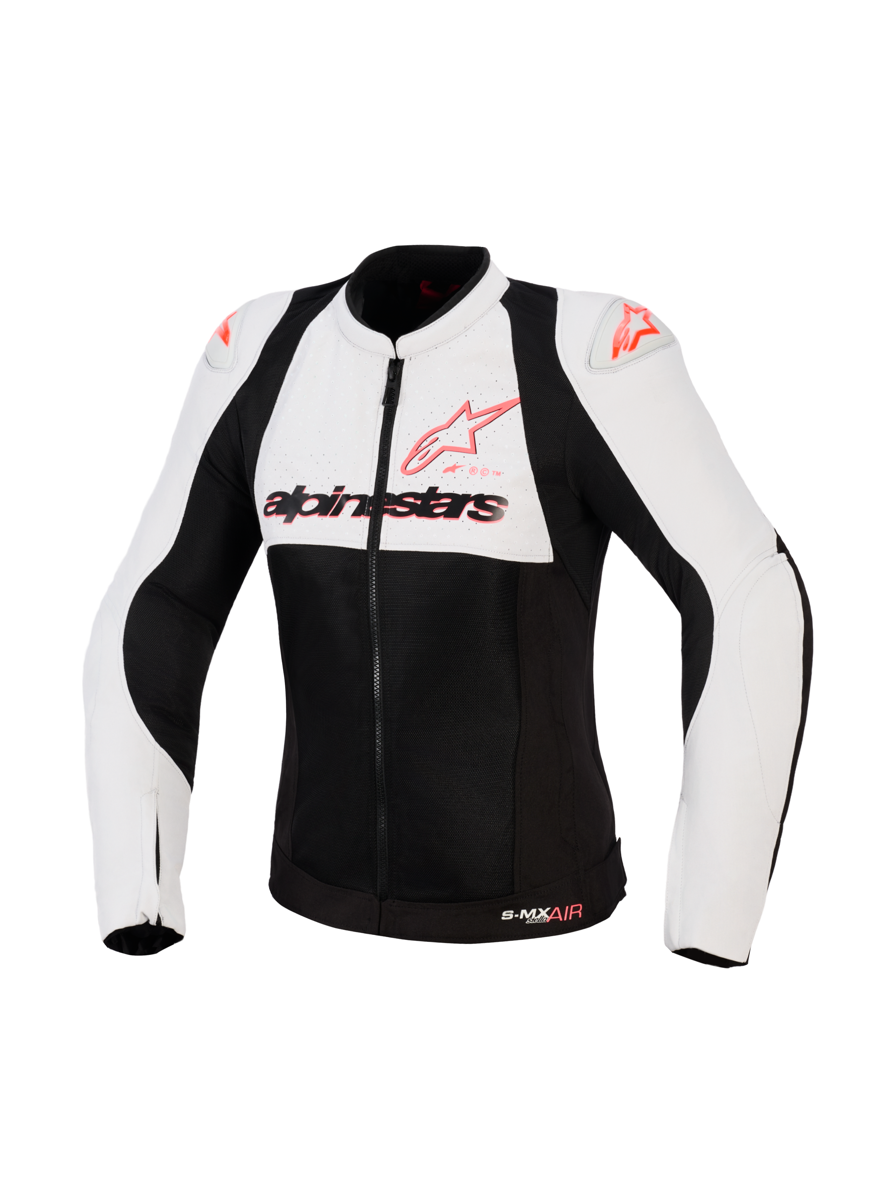 Alpinestars Stella SMX Air Jacke, Damen-Motorradjacke, Ice Gray, Schwarz und Coral Fluo, Vorderansicht mit perforierten Textil- und Mesh-Einsätzen, korallenfarbenes Alpinestars-Logo auf der Brust und Schulter-Slidern