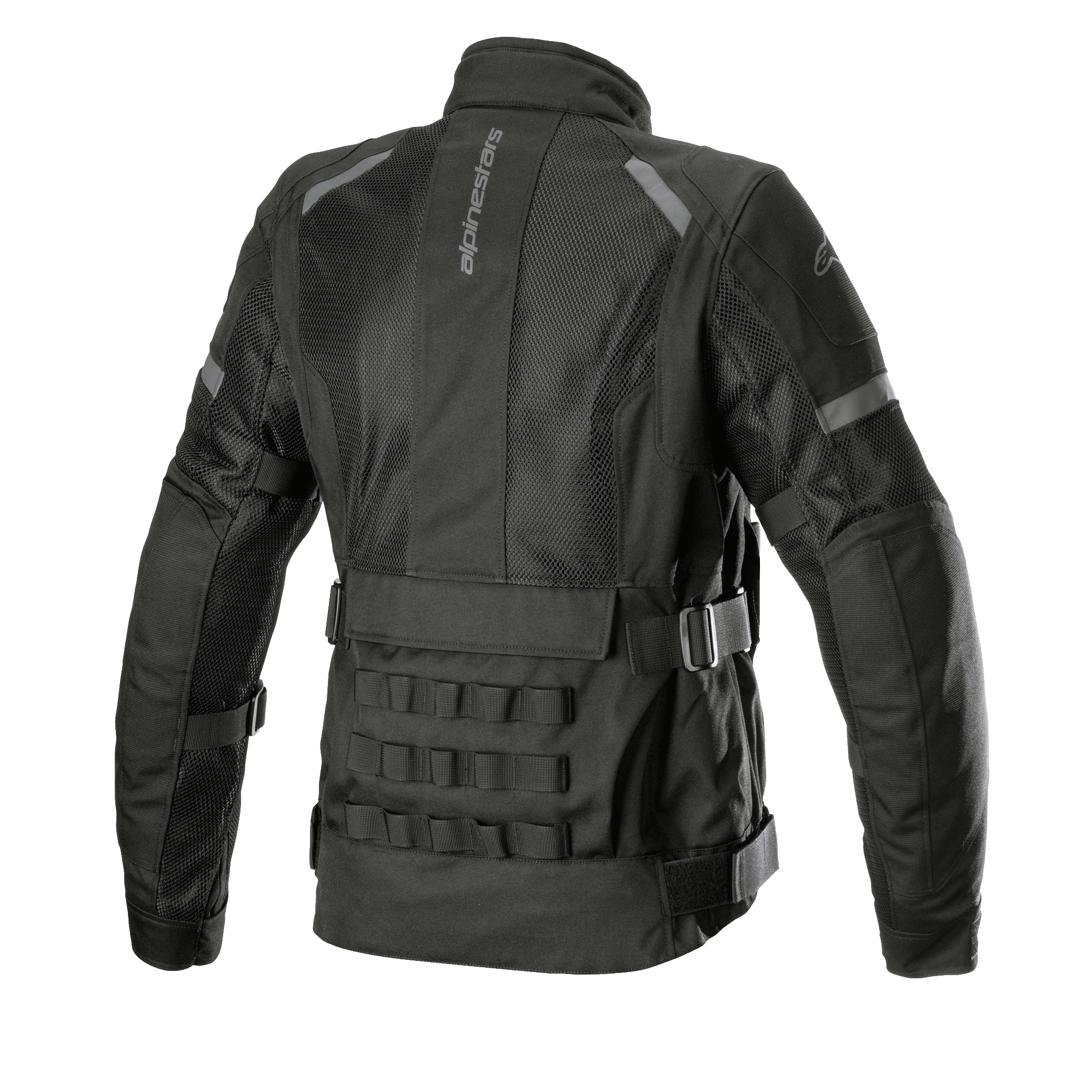 Alpinestars Stella Crosshill WP Air Damenjacke, Motorrad-Tourenjacke, Schwarz, Rückansicht mit großen Mesh-Einsätzen für Luftzirkulation, militärisch inspiriertem modularem PALS-Gurtband am unteren Rücken und verstellbaren Riemen zur Volumenregulierung an Taille und Armen.