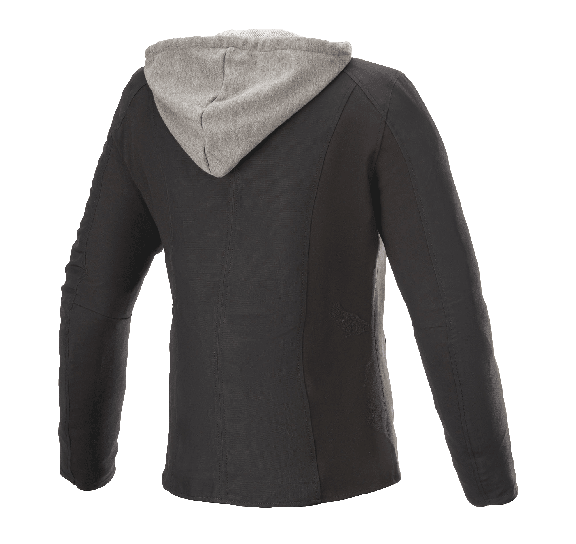 Alpinestars Bond Damenjacke, Urban-Motorradjacke, Schwarz mit grauer Fleece-Kapuze, Rückansicht, sportlicher Schnitt mit gewachstem Textil-Finish