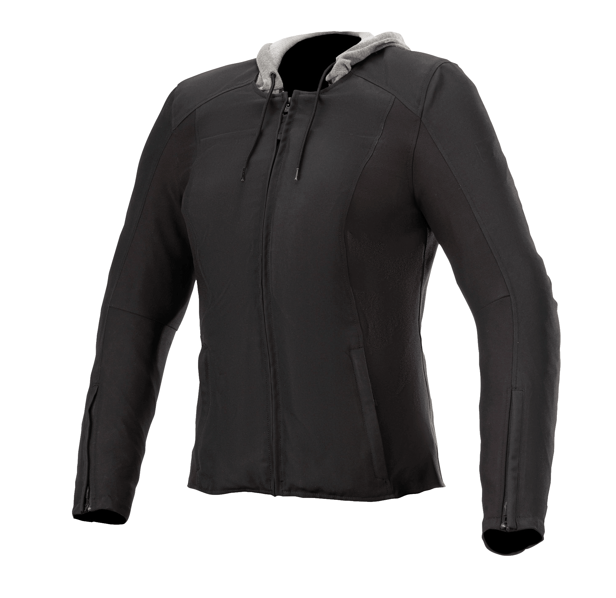Alpinestars Bond Damen-Jacke, Schwarz mit grauer Kapuze, Urban-Motorradjacke für Damen, Frontreißverschluss, lange Ärmel mit Reißverschlüssen an den Bündchen, taillierte Passform, glattes gewachstes Textilgewebe