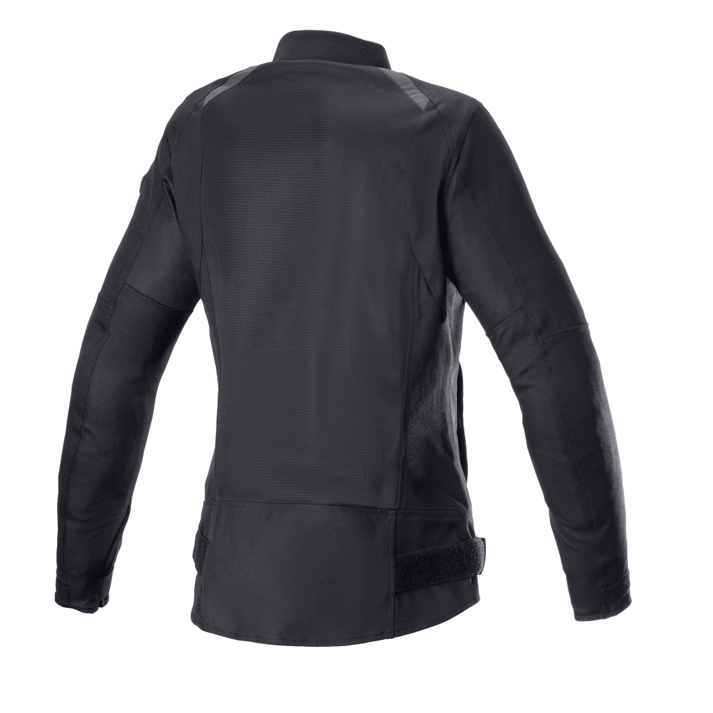 Alpinestars Eloise V2 Damen-Air Jacke, Schwarz, Rückansicht einer Motorradjacke im Bomber-Stil, umfangreiche Mesh-Einsätze für Kühlung, verlängertes Rückenprofil, strapazierfähige Konstruktion aus 600D-Poly-Gewebe und Mesh