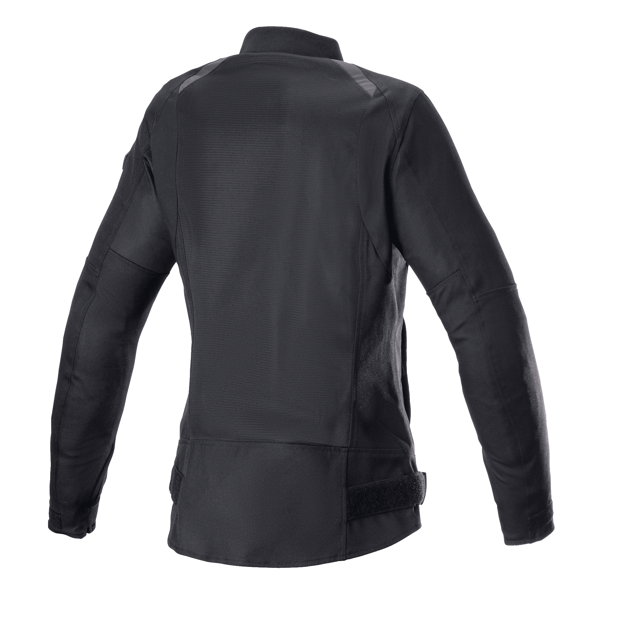 Alpinestars Eloise V2 Damen-Air Jacke, Schwarz, Rückansicht einer Motorradjacke im Bomber-Stil, umfangreiche Mesh-Einsätze für Kühlung, verlängertes Rückenprofil, strapazierfähige Konstruktion aus 600D-Poly-Gewebe und Mesh