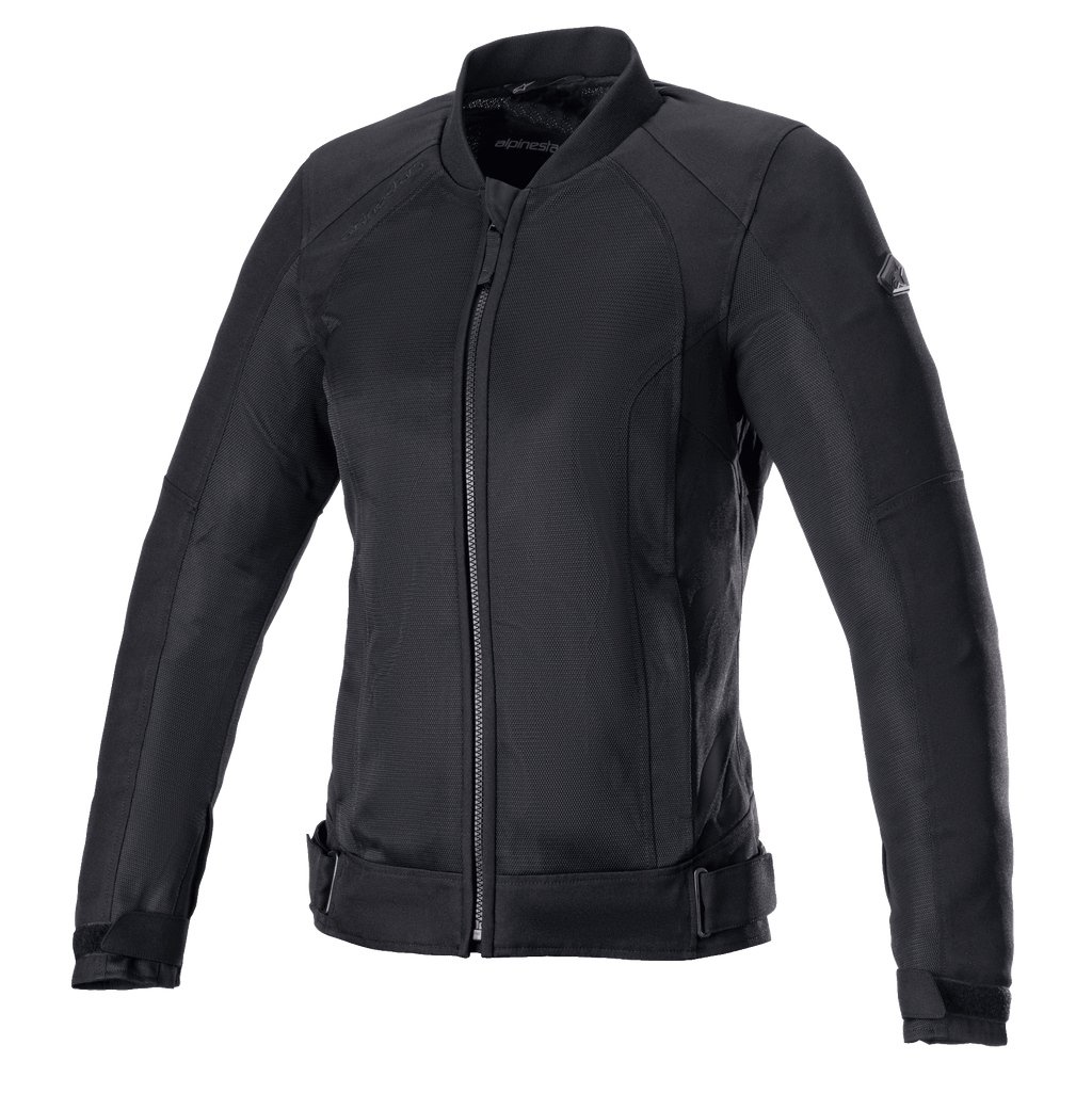 Alpinestars Eloise V2 Damen Air Jacke, schwarze Motorradjacke, durchgehend schwarze Textil- und Mesh-Konstruktion, Frontreißverschluss, hoher Kragen und verstellbare Taillenriemen, schlankes Design für den urbanen Fahrstil