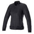 Alpinestars Eloise V2 Damen Air Jacke, schwarze Motorradjacke, durchgehend schwarze Textil- und Mesh-Konstruktion, Frontreißverschluss, hoher Kragen und verstellbare Taillenriemen, schlankes Design für den urbanen Fahrstil