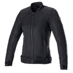 Alpinestars Eloise V2 Damen Air Jacke, schwarze Motorradjacke, durchgehend schwarze Textil- und Mesh-Konstruktion, Frontreißverschluss, hoher Kragen und verstellbare Taillenriemen, schlankes Design für den urbanen Fahrstil