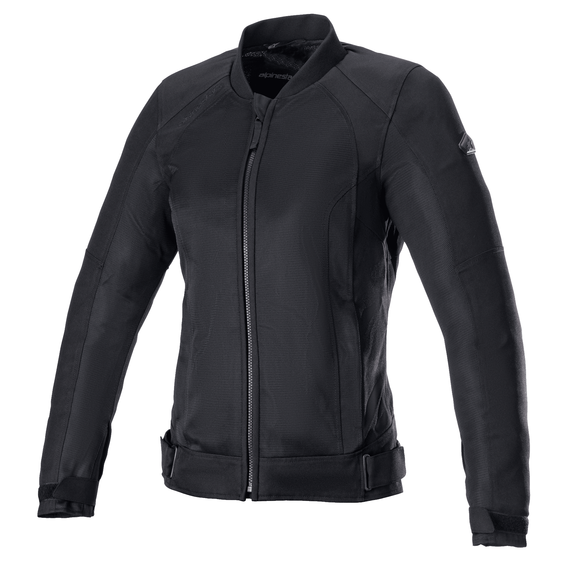 Alpinestars Eloise V2 Damen Air Jacke, schwarze Motorradjacke, durchgehend schwarze Textil- und Mesh-Konstruktion, Frontreißverschluss, hoher Kragen und verstellbare Taillenriemen, schlankes Design für den urbanen Fahrstil