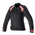 Alpinestars Eloise V2 Women's Air Jacket, Black and Diva Pink, bomber-style textile motorcycle jacket featuring mesh panels for ventilation, front zipper, adjustable waist straps, and an ergonomic fit for women riders.