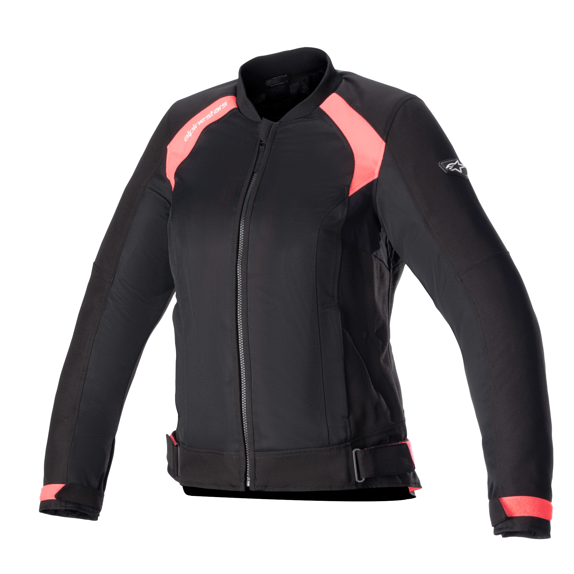 Alpinestars Eloise V2 Women's Air Jacket, Black and Diva Pink, bomber-style textile motorcycle jacket featuring mesh panels for ventilation, front zipper, adjustable waist straps, and an ergonomic fit for women riders.