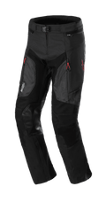 Alpinestars AMT 7 Air Pants, Motorcycle Protective Pants, Black Dark Shadow, featuring MATRYX ventilation panels on the thighs, reinforced leather knee patches, red zipper pulls, and adjustable waistband, durable textile construction for adventure riding