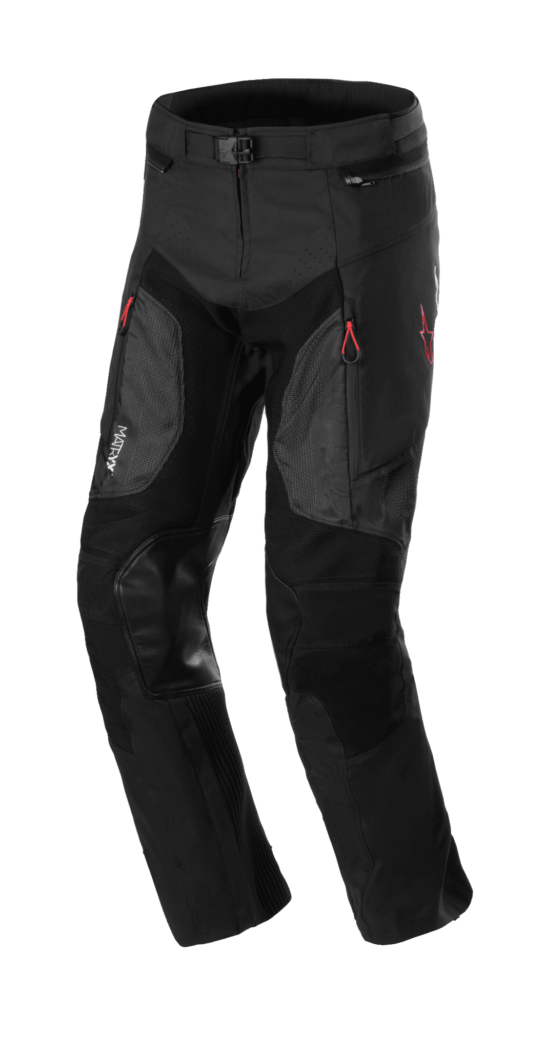 Alpinestars AMT 7 Air Pants, Motorcycle Protective Pants, Black Dark Shadow, featuring MATRYX ventilation panels on the thighs, reinforced leather knee patches, red zipper pulls, and adjustable waistband, durable textile construction for adventure riding