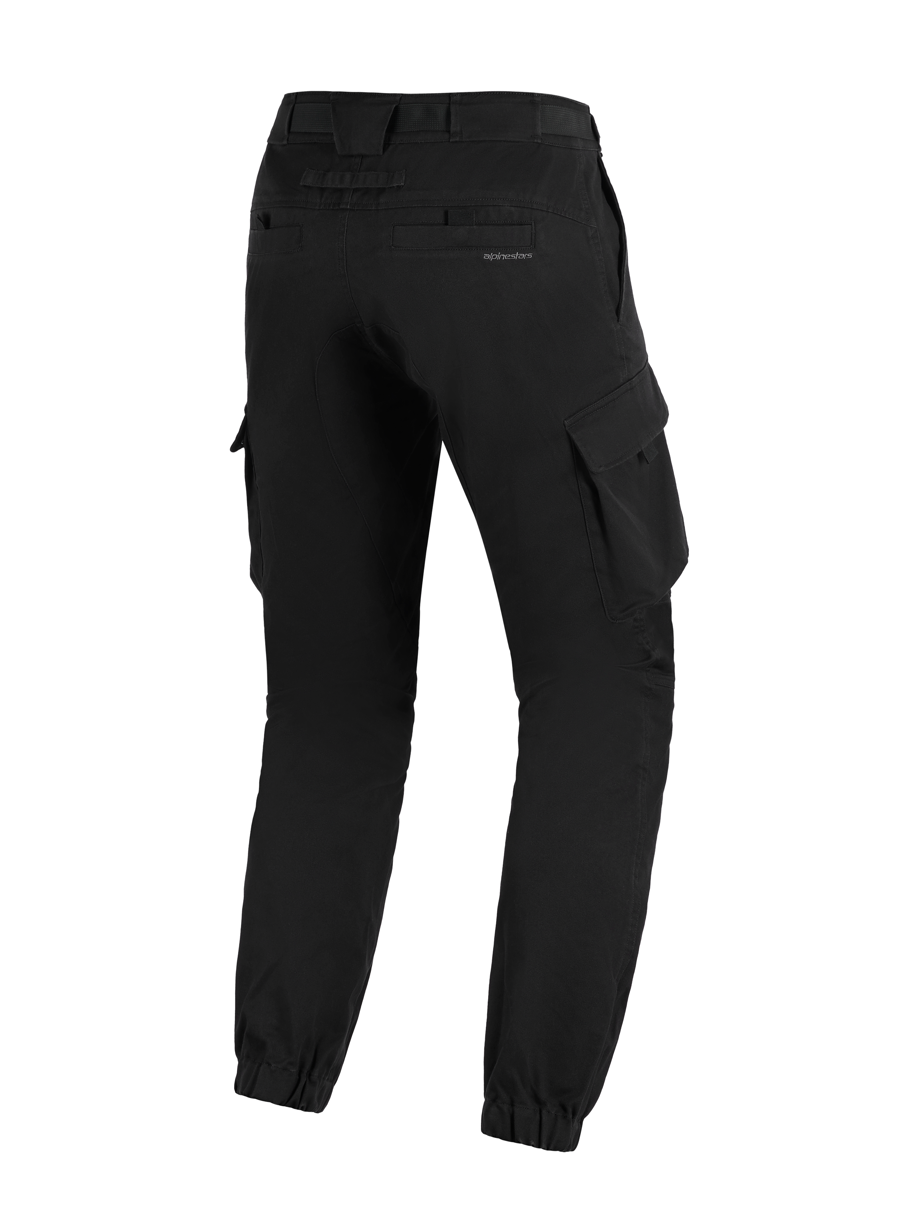 Alpinestars Flex-AST Cargo-Hose, Schwarz, Dreiviertel-Rückansicht, urbane Motorradhose mit großen seitlichen Cargo-Taschen, elastischen Säumen und dezentem Branding an der Gesäßtasche.