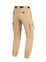 Alpinestars Flex-AST Cargo Pants, Light Beige, Motorcycle Pants, rear view showing tapered legs with elasticated hems, side cargo pockets, and black waist strap, urban military-inspired design