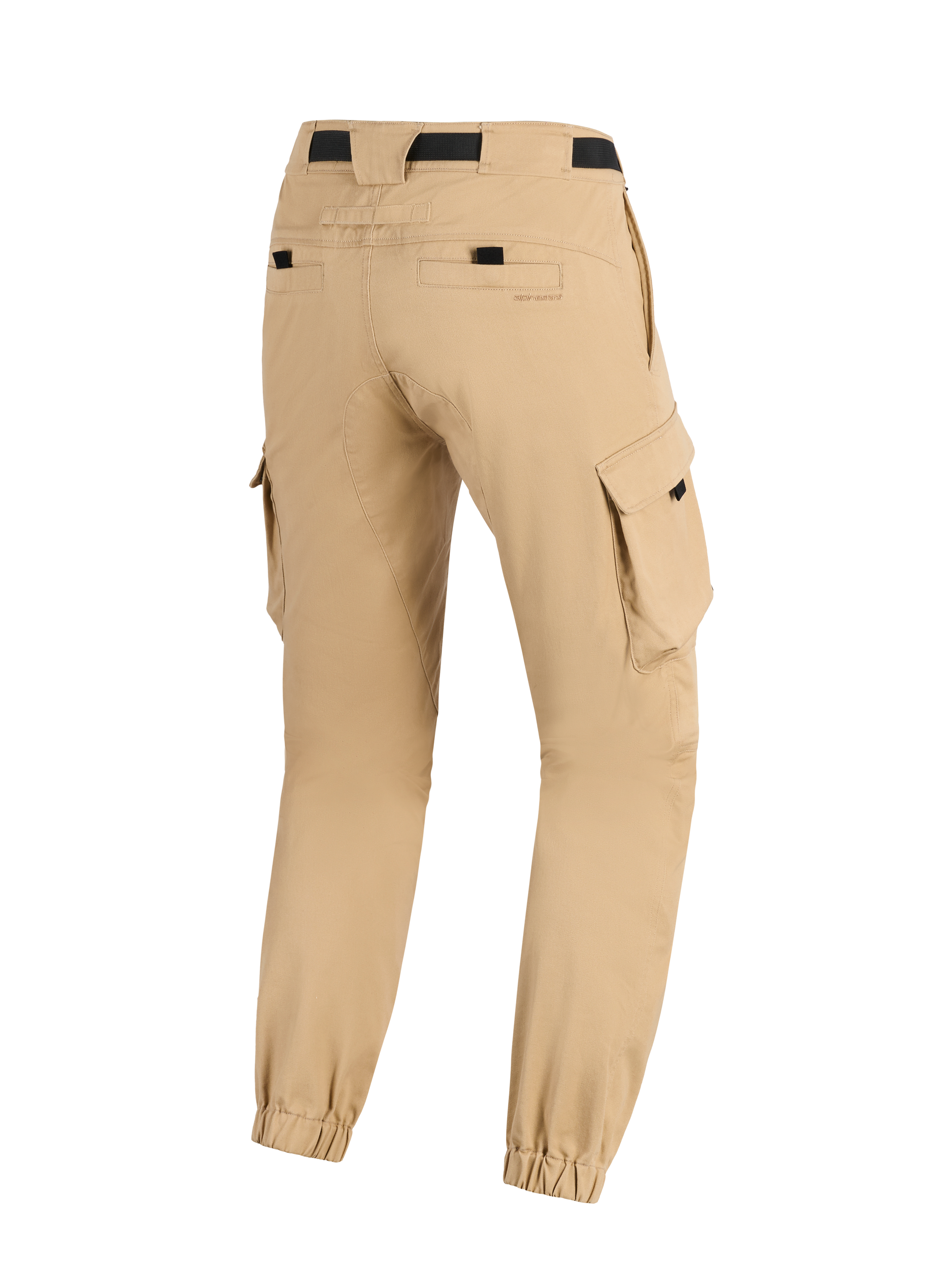 Alpinestars Flex-AST Cargo-Hose - Kurz, Urbane Motorradhose, Hellbeige, Rückansicht mit seitlichen Cargotaschen, elastischen Knöchelbündchen und Gesäßtaschen mit schwarzen Akzenten, robustes zeitgemäßes Design