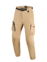 Alpinestars Flex-AST Cargo Pants, Light Beige, technical urban motorcycle pants featuring an integrated black belt with buckle, large cargo pockets with zip and flap details, D-ring, and elasticated hems, modern rugged style for riding.