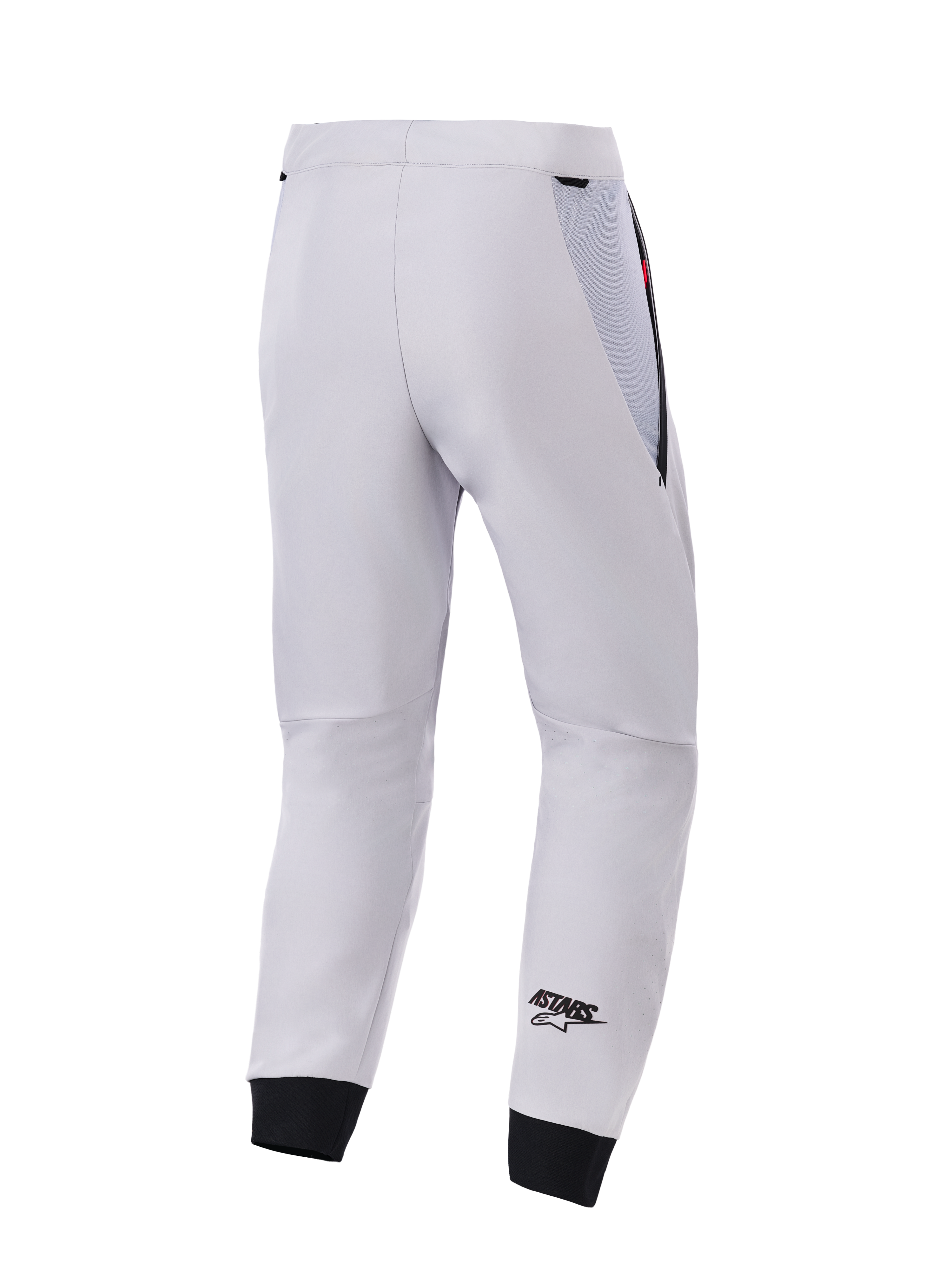 Alpinestars Aeroshell Airflow Pants, Back View, Mid Gray, technical softshell motorcycle pants, featuring black mesh hip panels and elastic cuffs, black ASTARS logo on the lower leg, lightweight and ventilated sport design
