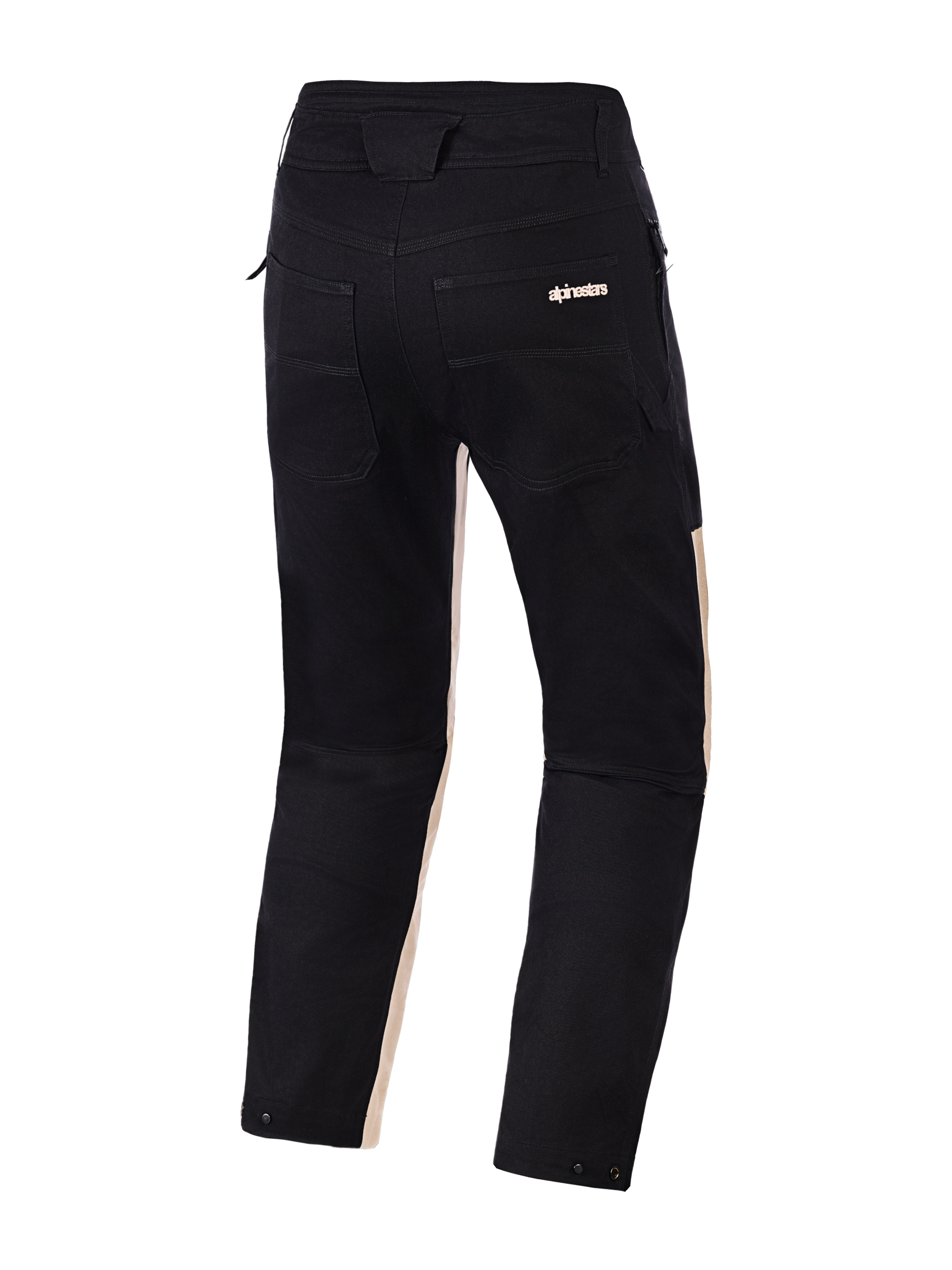 Alpinestars Flex-AST Canvas Pants, Back View, Black Aluminum, featuring black polycotton twill with light tan accents on the inner legs, dual rear pockets with Alpinestars branding, and snap adjusters at the leg openings, urban motorcycle trousers with a workwear-inspired design.