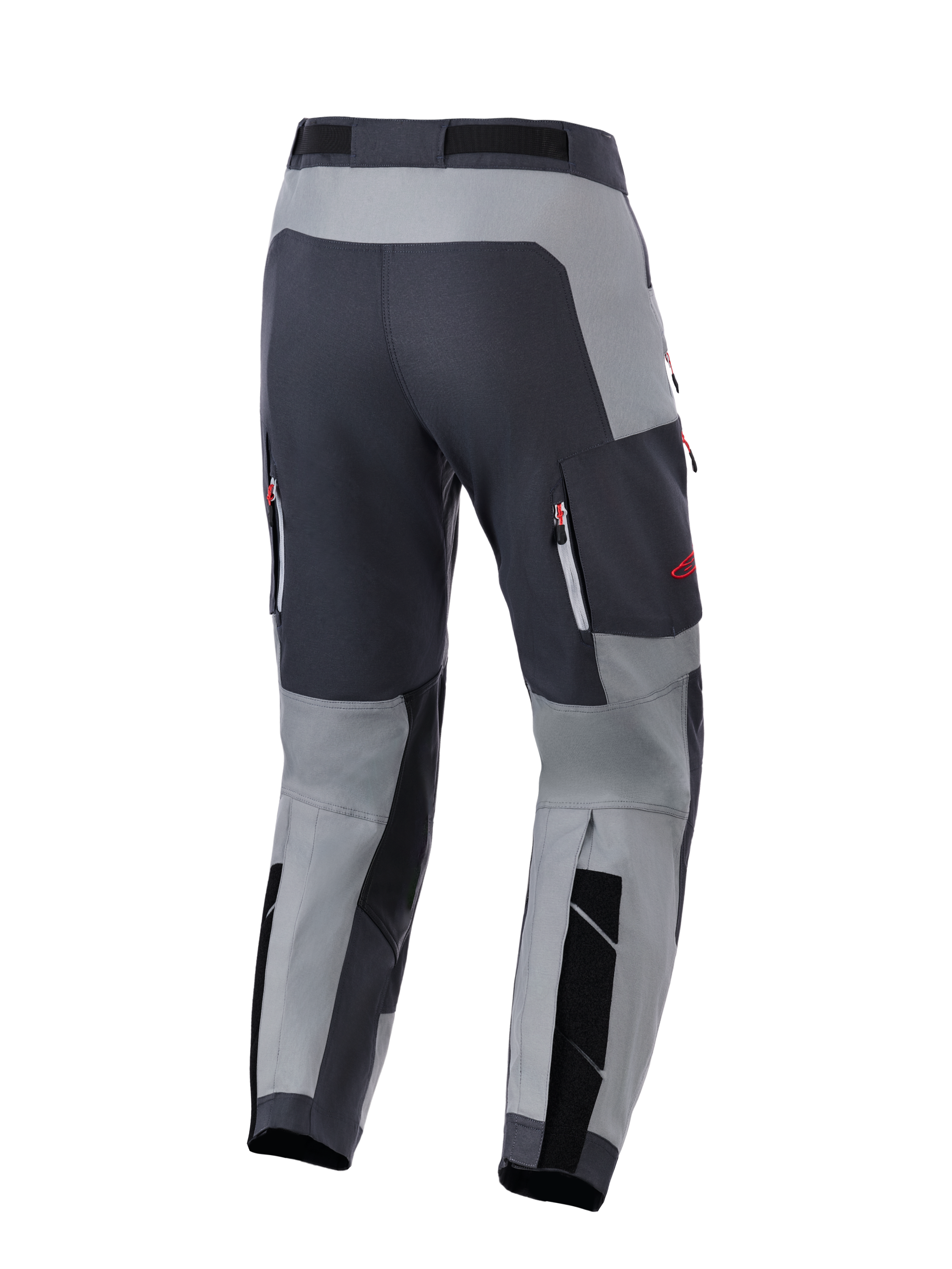 Alpinestars Maxdura Dual Hose, Adventure-Motorradhose, Dunkelgrau und Tiefgrau, Rückansicht mit verstärktem Gesäßbereich und Belüftungstaschen mit Reißverschluss und roten Akzenten, entwickelt für Dual-Sport-Performance.