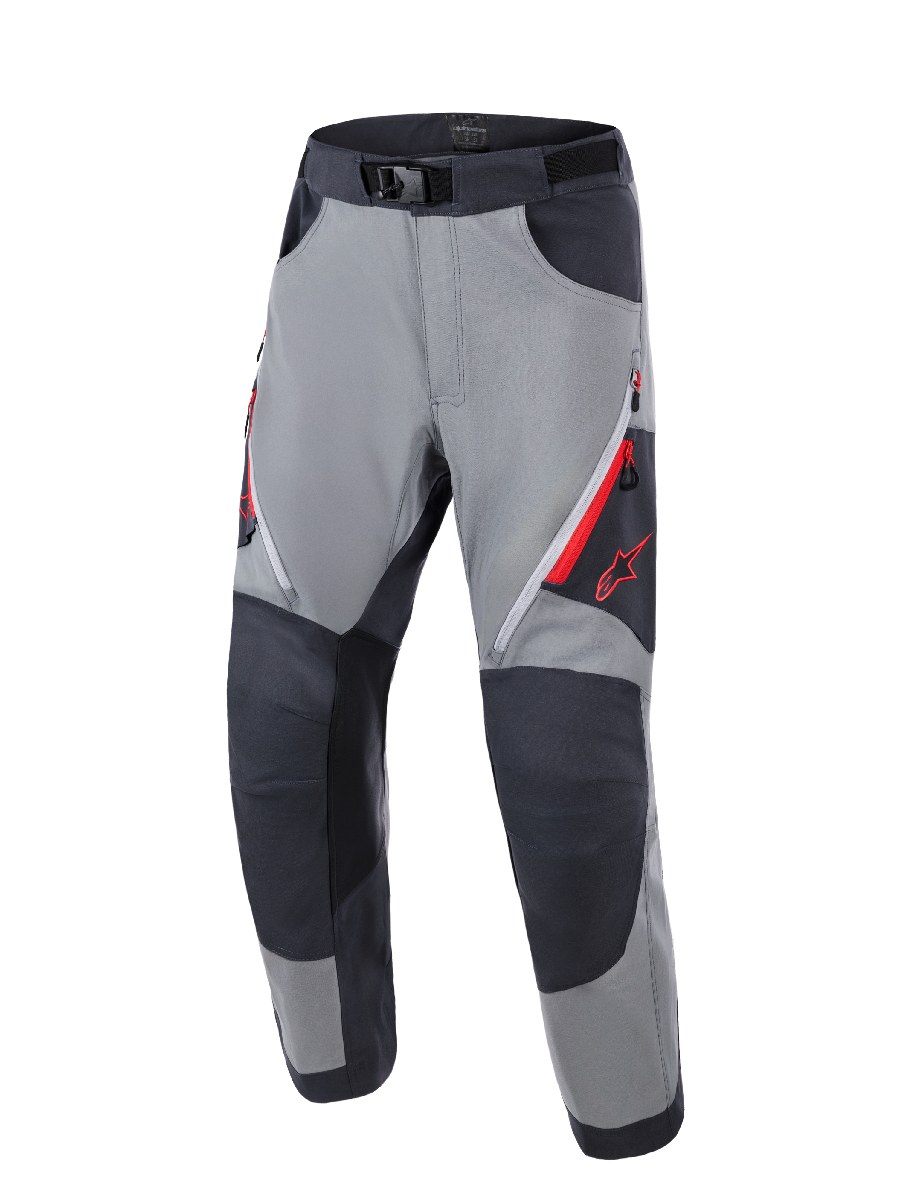 Alpinestars Maxdura Dual Hose, Adventure-Motorradhose, Dunkelgrau und Tiefgrau, mit verstärkten dunkelgrauen Kniepaneelen, roten Belüftungsöffnungen mit Reißverschluss am Oberschenkel, rotem Astars-Logo auf dem Oberschenkel und verstellbarem Taillengürtel mit Magnetschnalle, konzipiert für Dual-Sport-Fahrten