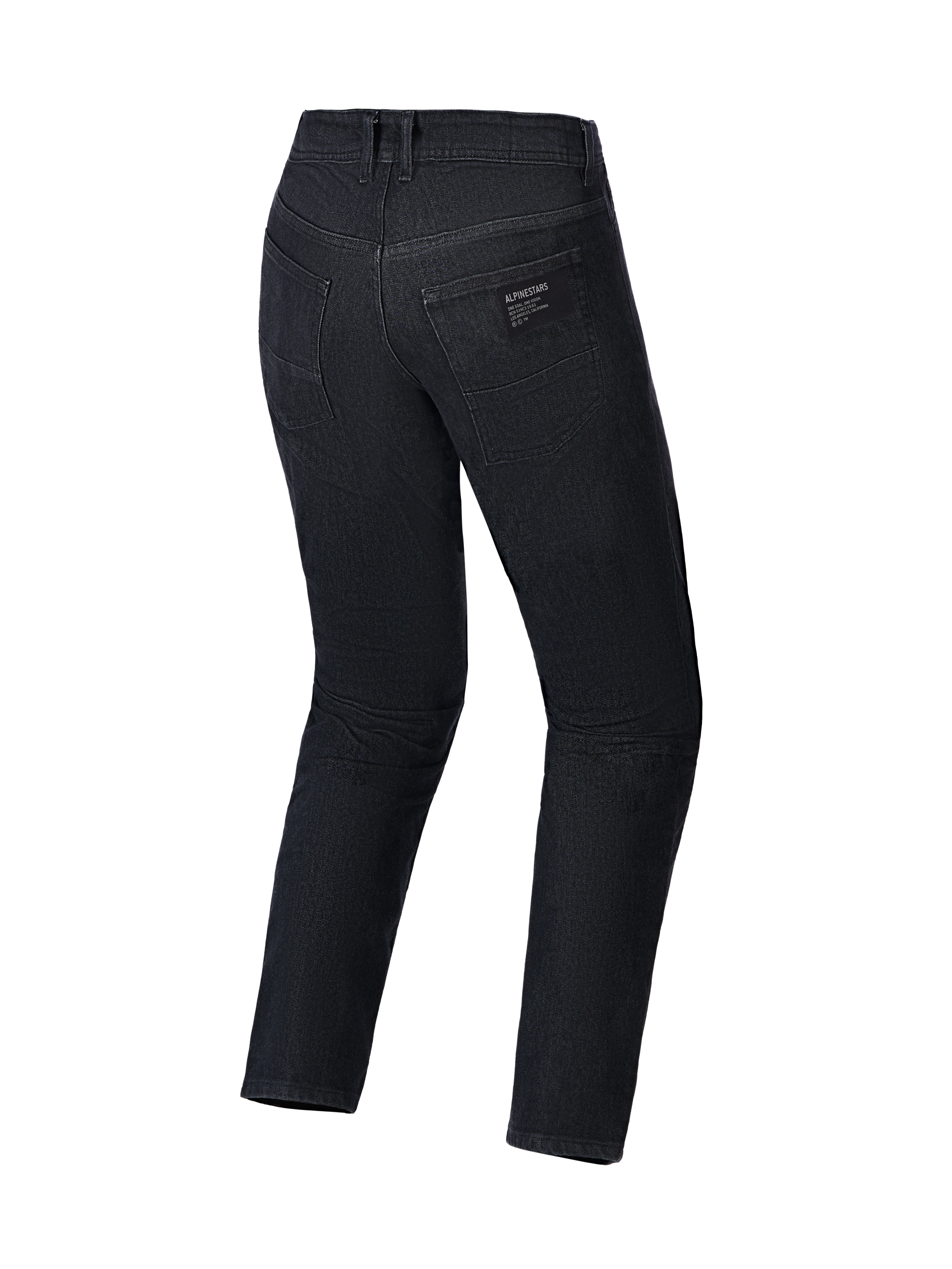 Alpinestars Flex-AST 5 Denim Hose, Motorradjeans, Black Washed, Rückansicht mit Gesäßtaschen und Alpinestars Logo-Aufnäher, einlagige Stretch-Denim-Konstruktion mit regulärer konischer Passform